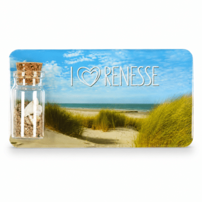 Magneet met flesje zand I love Renesse