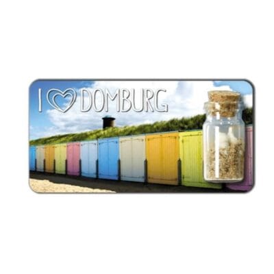 Magneet met flesje zand i love Domburg strandhuisjes